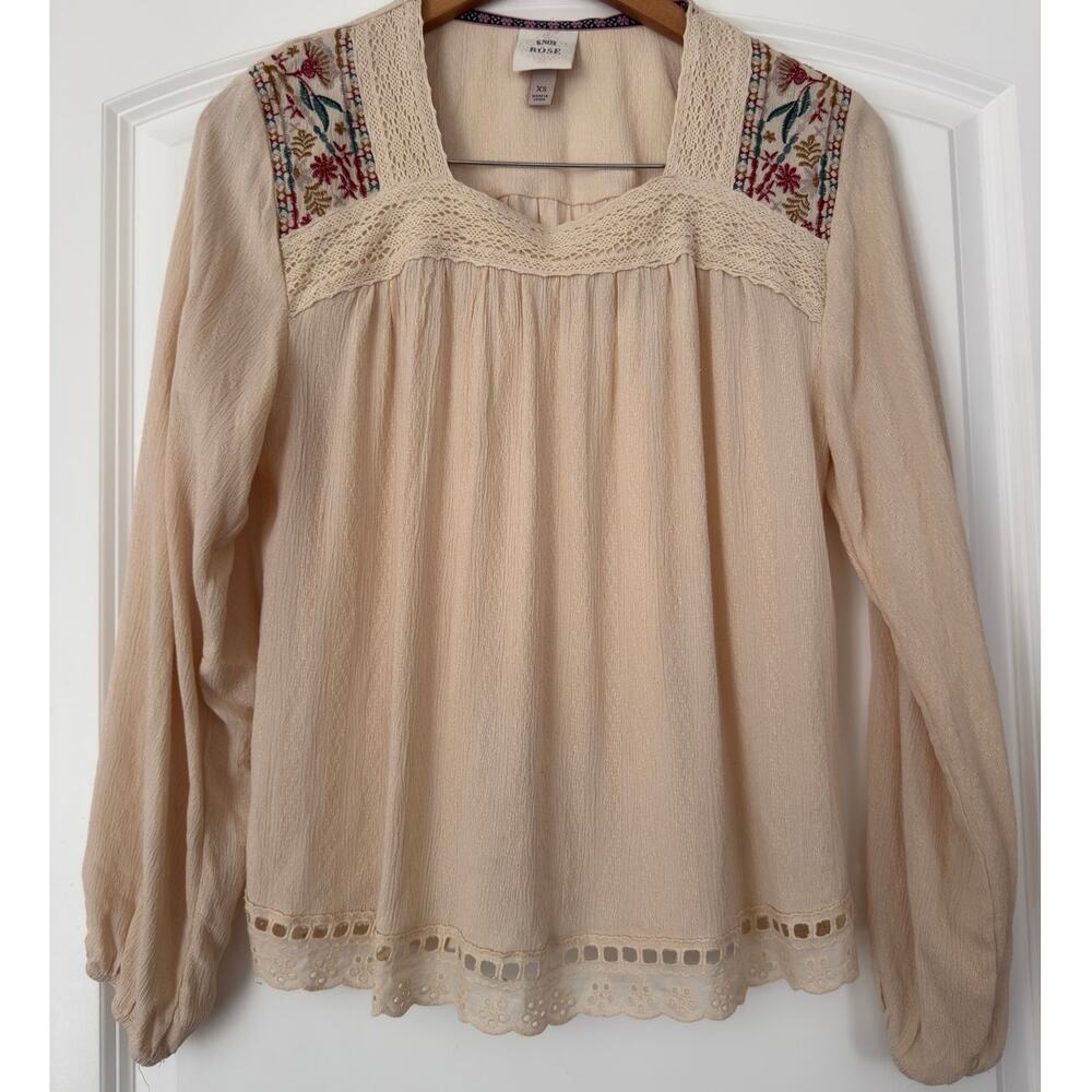 Knox Rose Cream Boho Embroidered Blouse Square Neck Long Sleeve Peasant Top XS